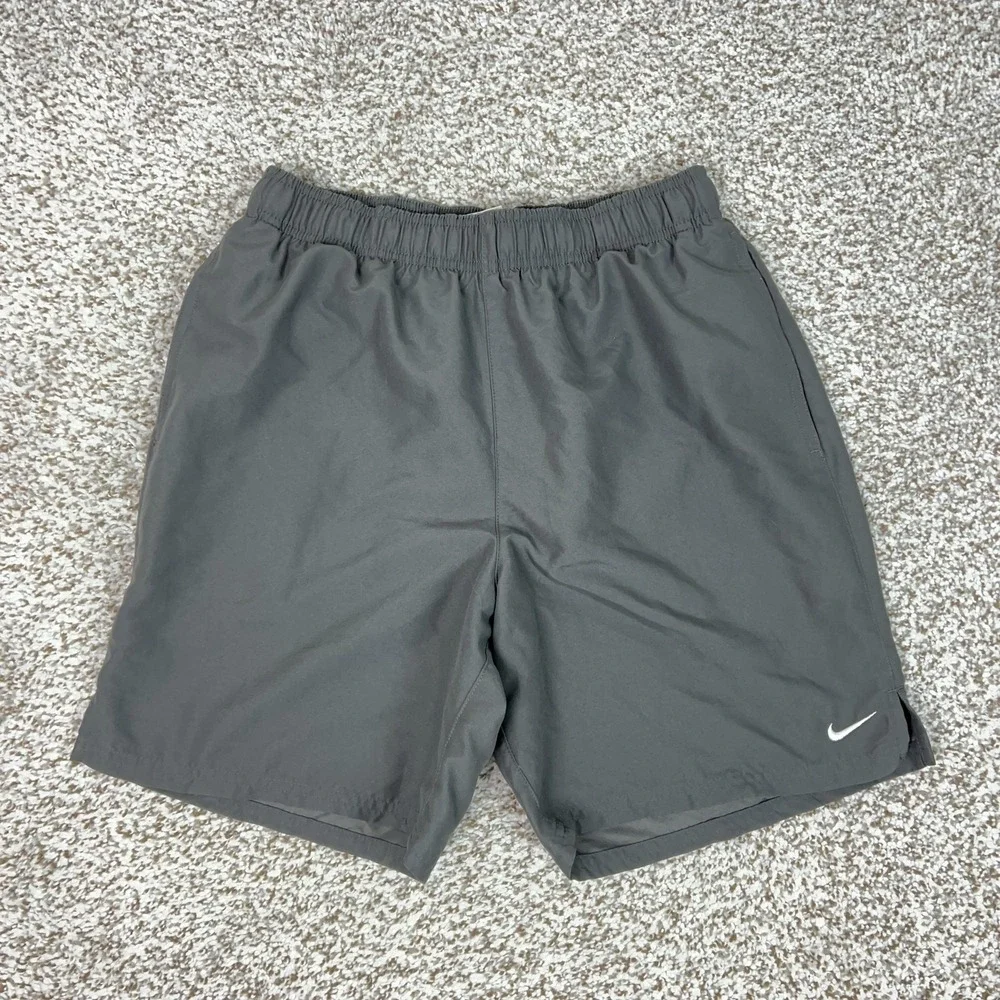 Nike Swimsuit Mens Small Gray Trunks Mesh Lined Athletic Gym Sports Beach Logo